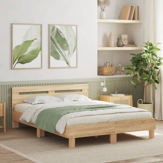 sonoma tölgy színű ágykeret fejtámlával és LED-del 140x200 cm