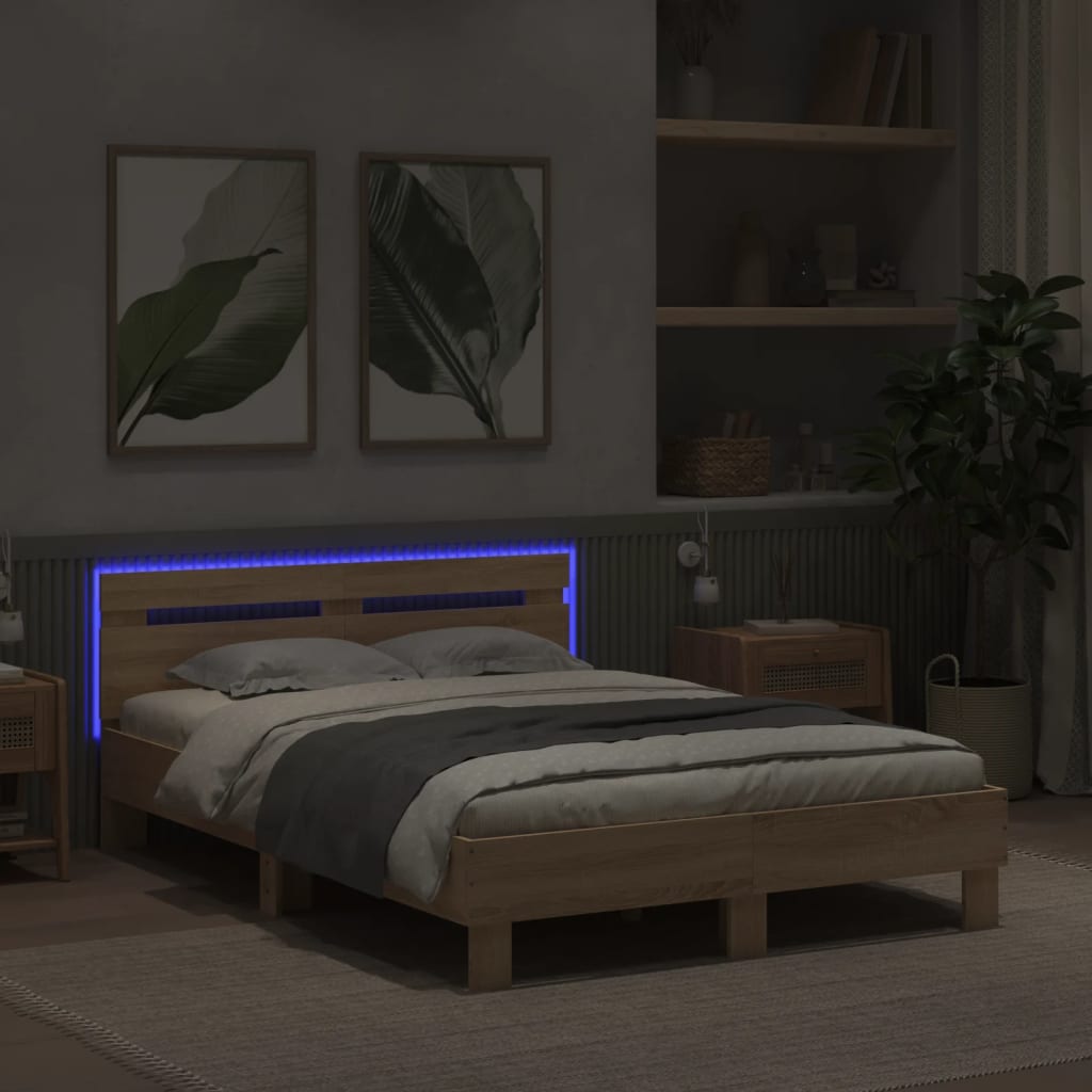sonoma tölgy színű ágykeret fejtámlával és LED-del 120x200 cm