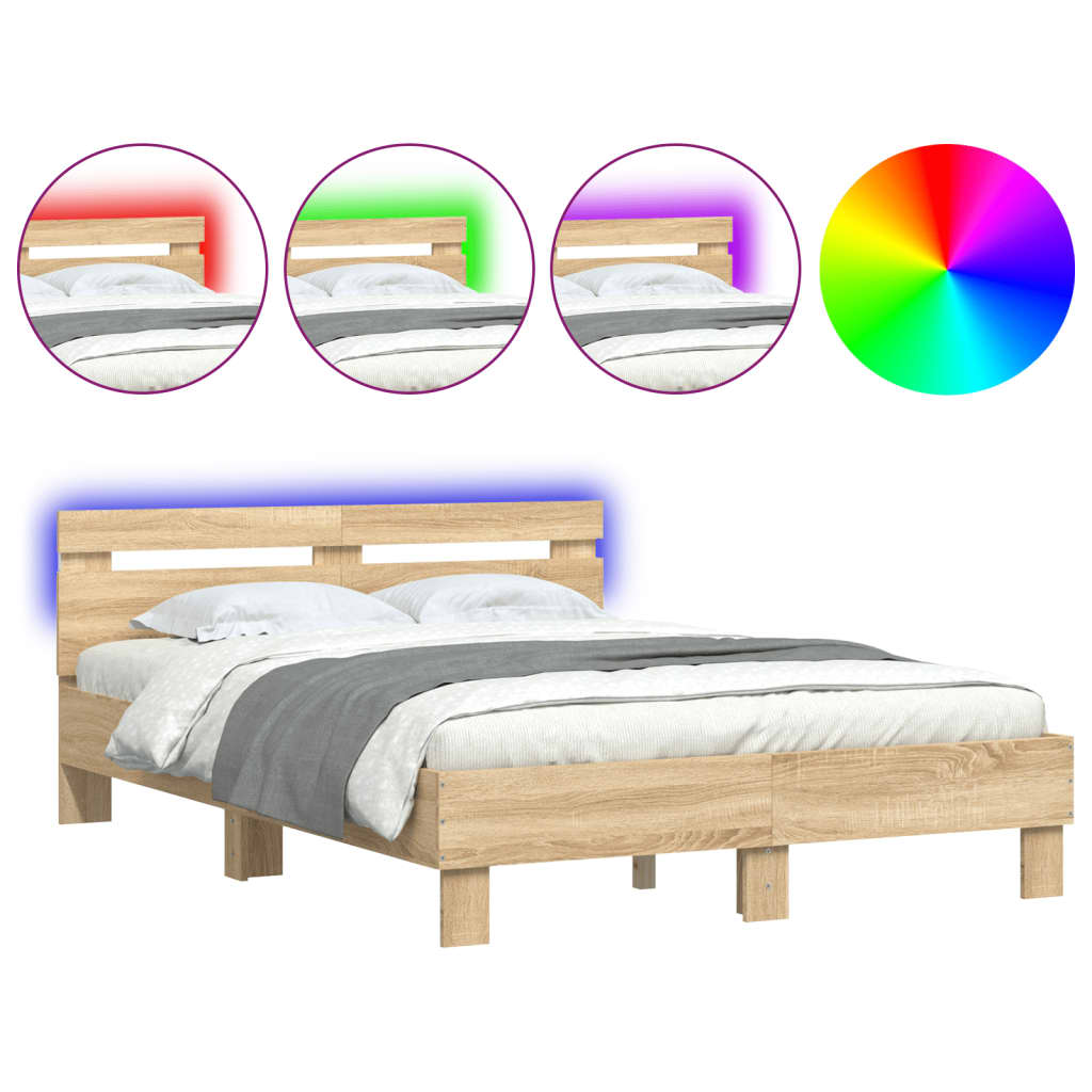sonoma tölgy színű ágykeret fejtámlával és LED-del 135x190 cm