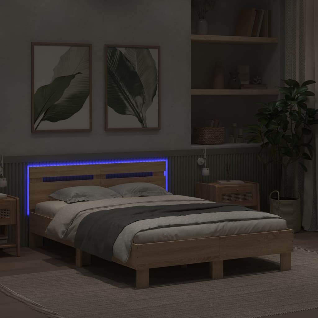 sonoma tölgy színű ágykeret fejtámlával és LED-del 135x190 cm