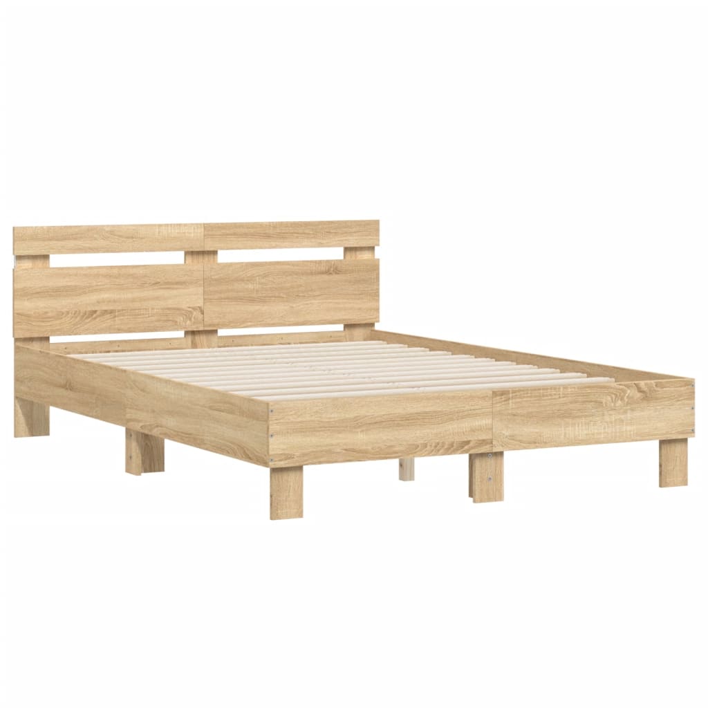 sonoma tölgy színű ágykeret fejtámlával és LED-del 135x190 cm