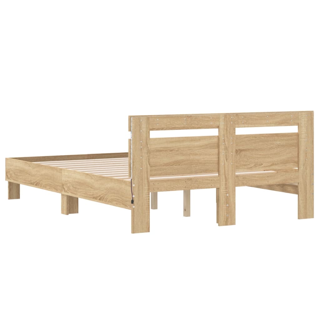 sonoma tölgy színű ágykeret fejtámlával és LED-del 135x190 cm