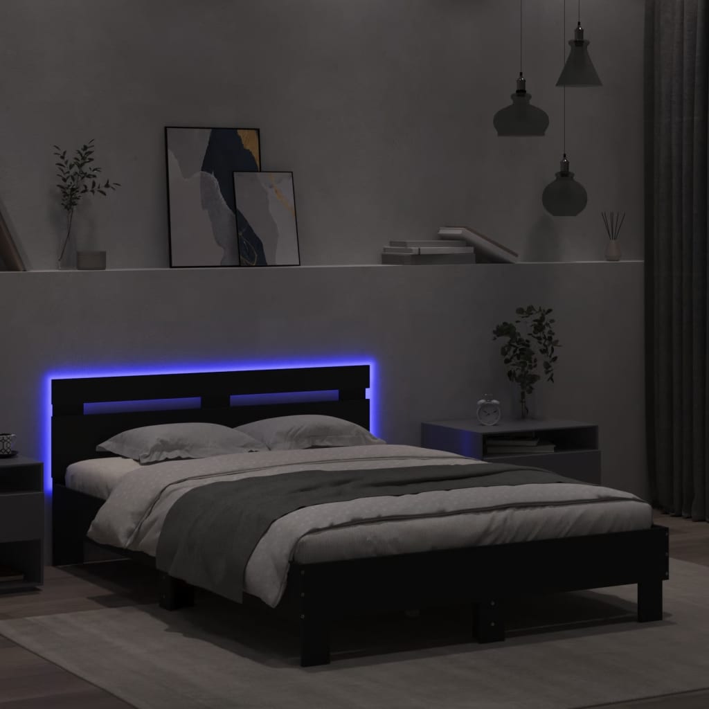 fekete ágykeret fejtámlával és LED-del 120 x 190 cm
