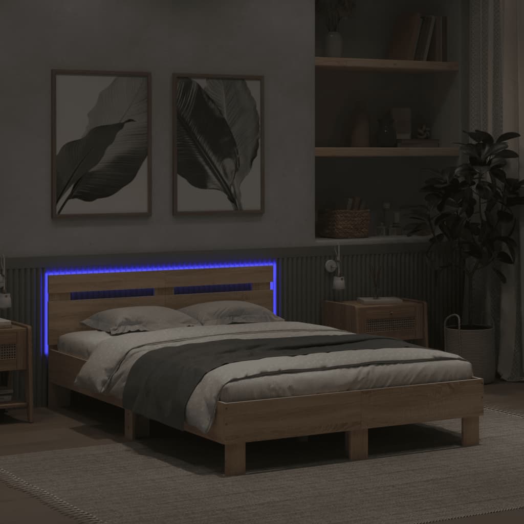 sonoma tölgy színű ágykeret fejtámlával és LED-del 120x190 cm