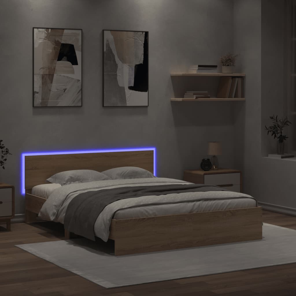 sonoma tölgy színű ágykeret fejtámlával és LED-del 160 x 200 cm
