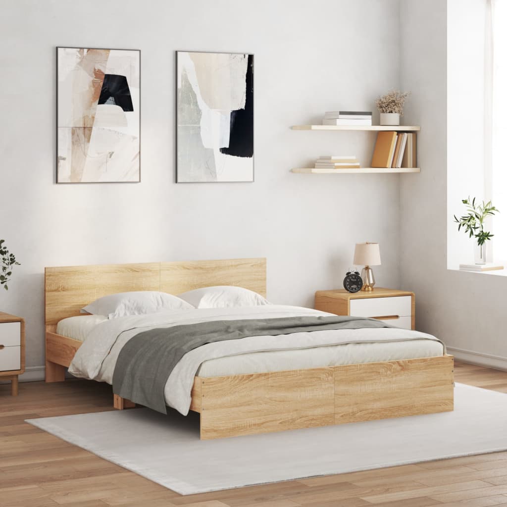 sonoma tölgy színű ágykeret fejtámlával és LED-del 160 x 200 cm