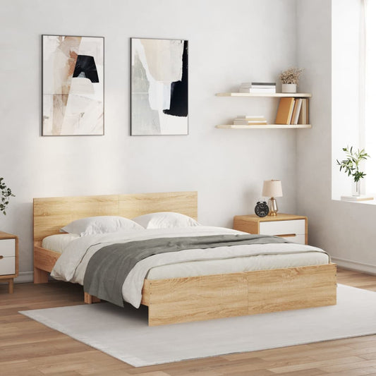 sonoma tölgy színű ágykeret fejtámlával és LED-del 160 x 200 cm