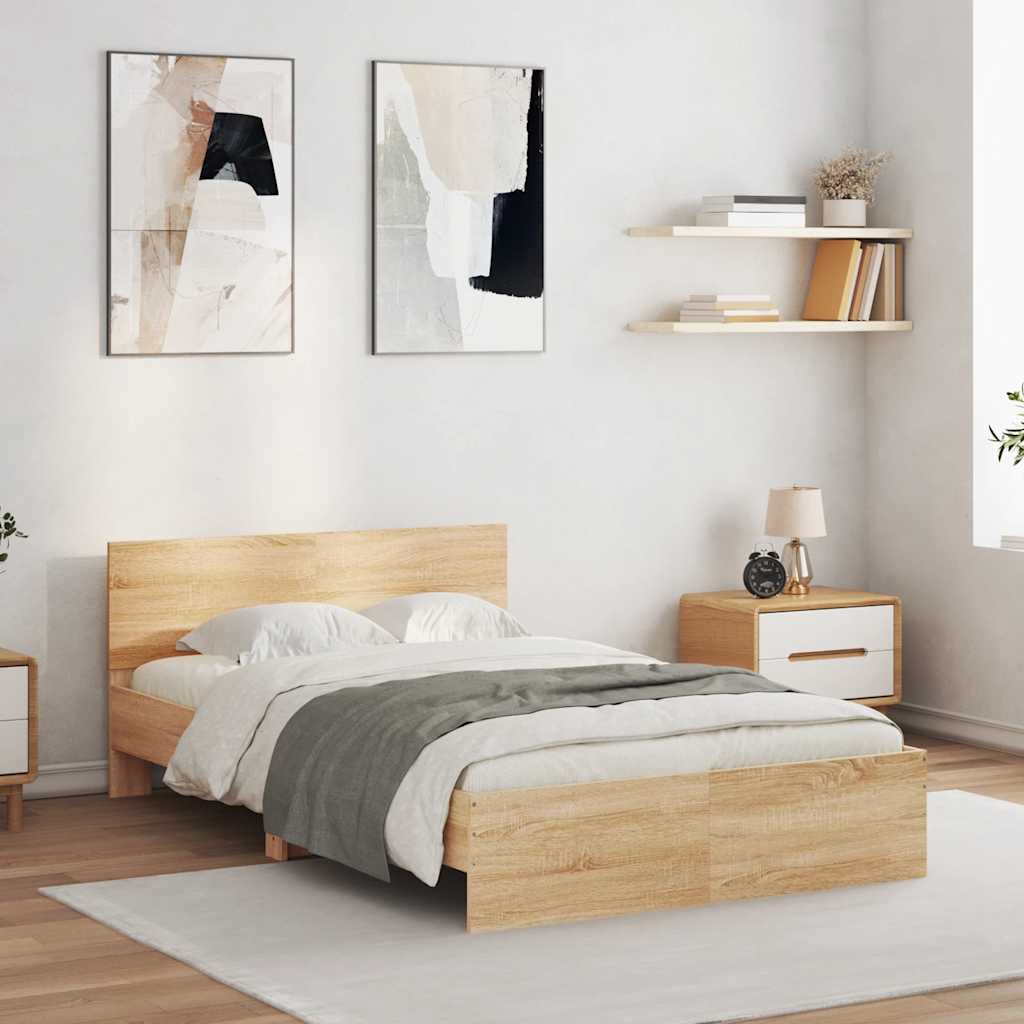 sonoma tölgy színű ágykeret fejtámlával és LED-del 140x200 cm