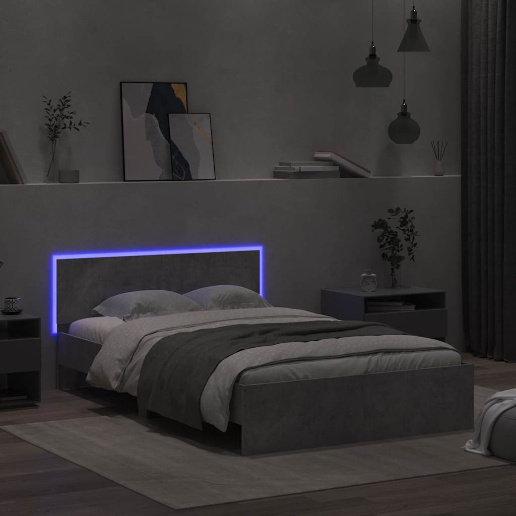 betonszürke ágykeret fejtámlával és LED-del 140x200 cm