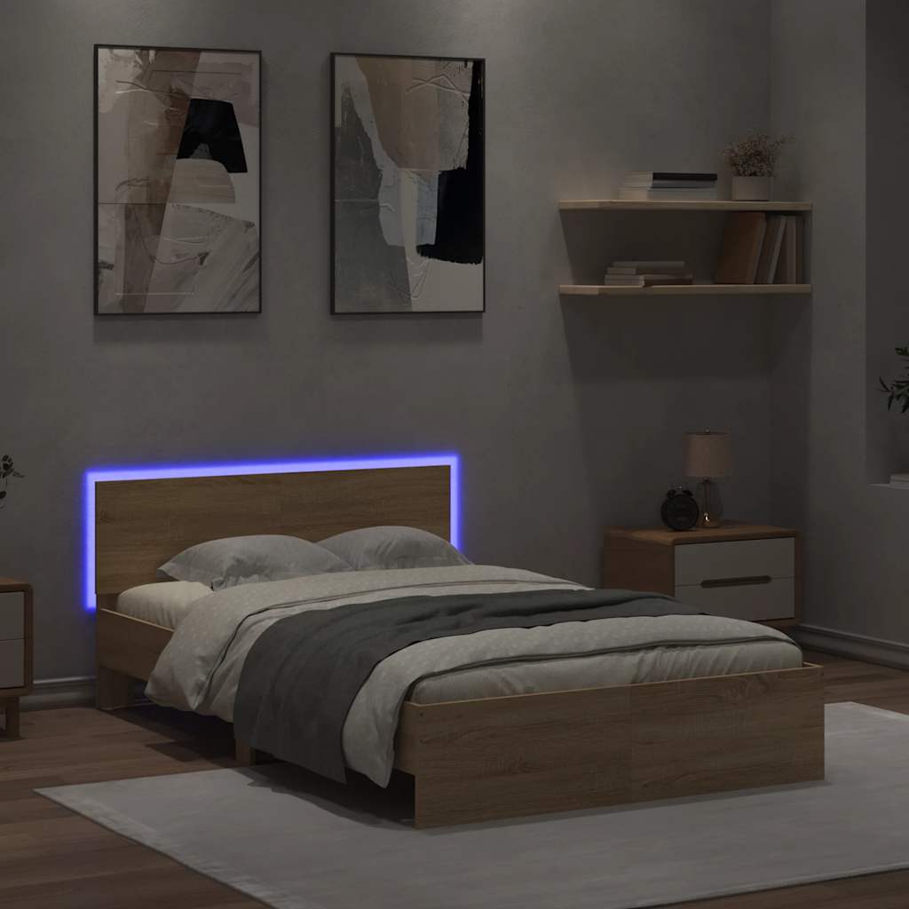 sonoma tölgy színű ágykeret fejtámlával és LED-del 120x200 cm