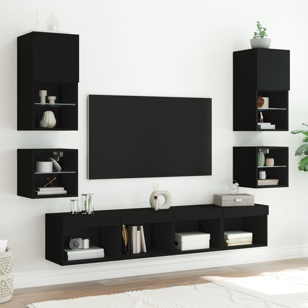 2 db fekete fali TV-szekrény LED-világítással 30 x 28,5 x 30 cm