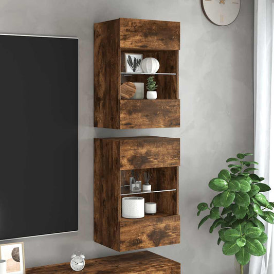 2 db füstös tölgy fali szekrények LED világítással TV-hez 40x30x60,5 cm