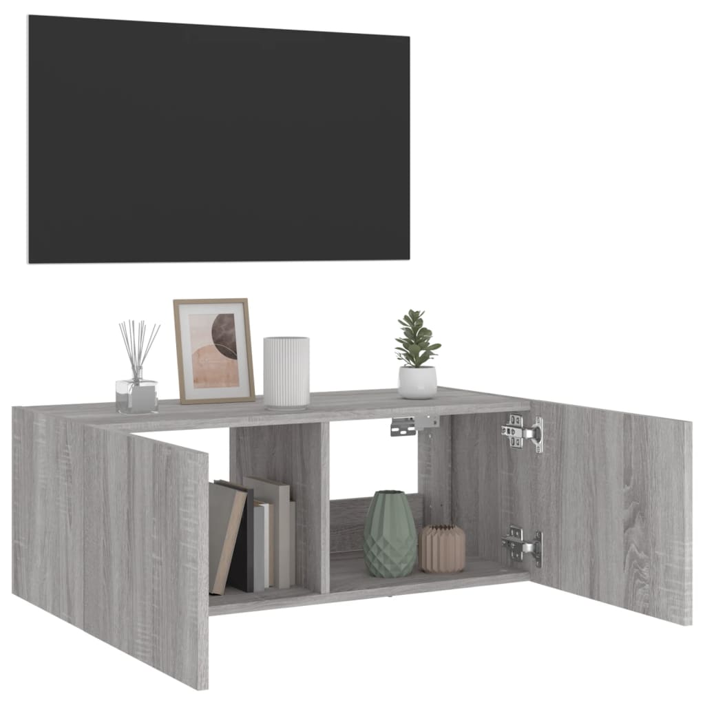 szürke sonoma színű fali TV-szekrény LED-del 80x35x31 cm