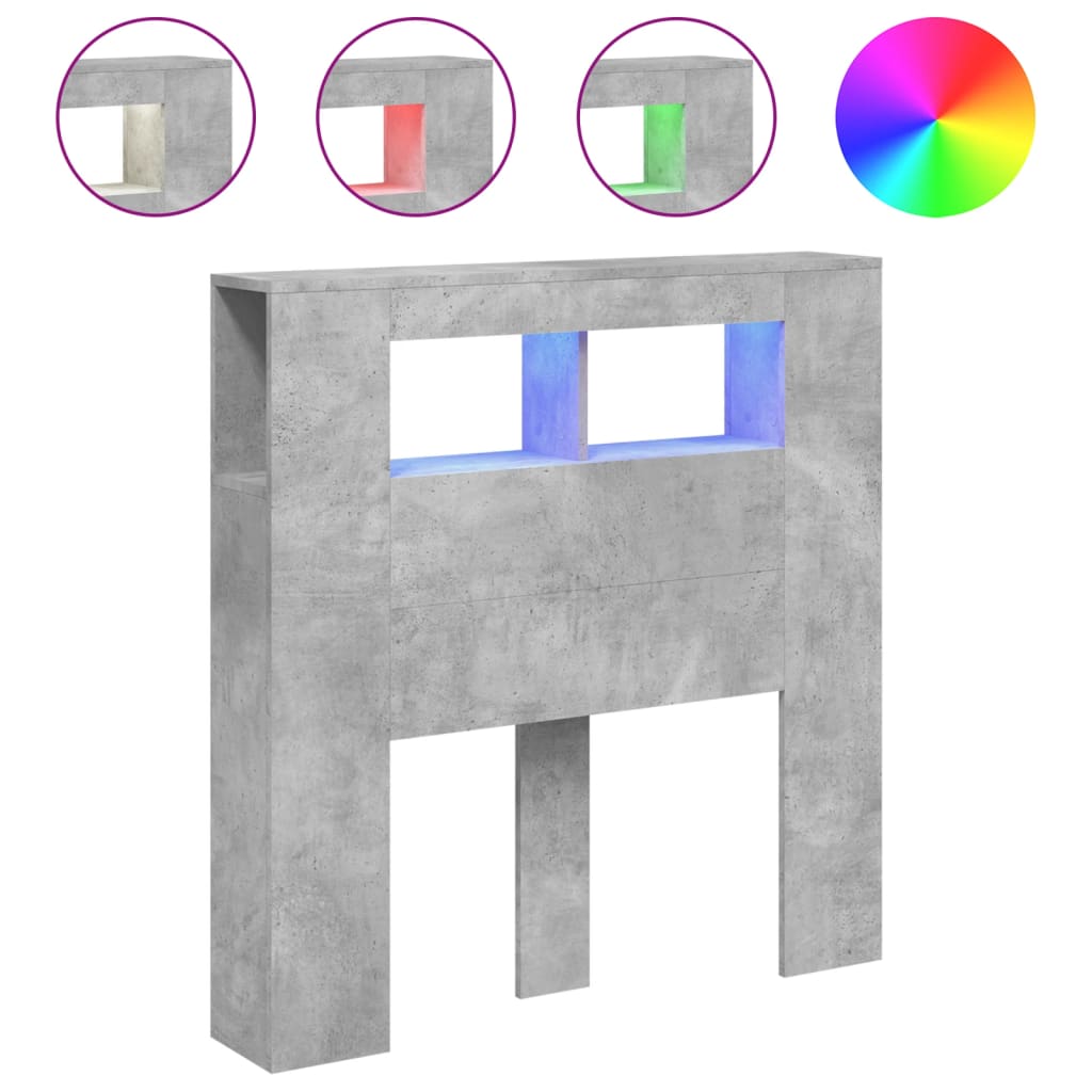 betonszürke szerelt fa LED-es fejtámla 100x18,5x103,5 cm
