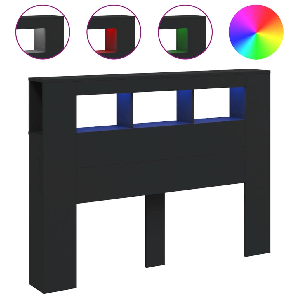 fekete szerelt fa LED-es fejtámla 140x18,5x103,5 cm