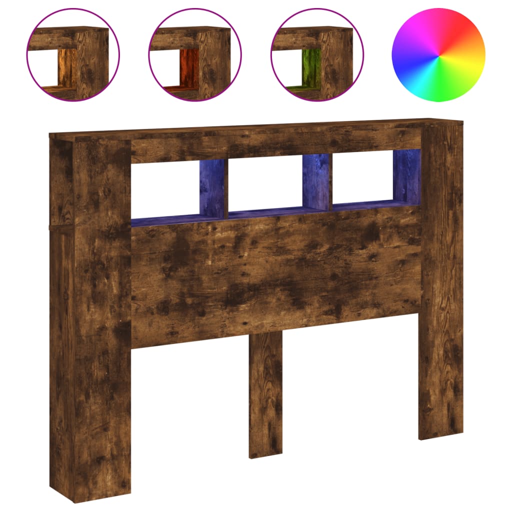 füstüs tölgy színű szerelt fa LED-es fejtámla 140x18,5x103,5 cm