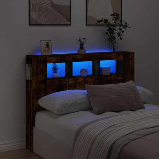 füstüs tölgy színű szerelt fa LED-es fejtámla 140x18,5x103,5 cm