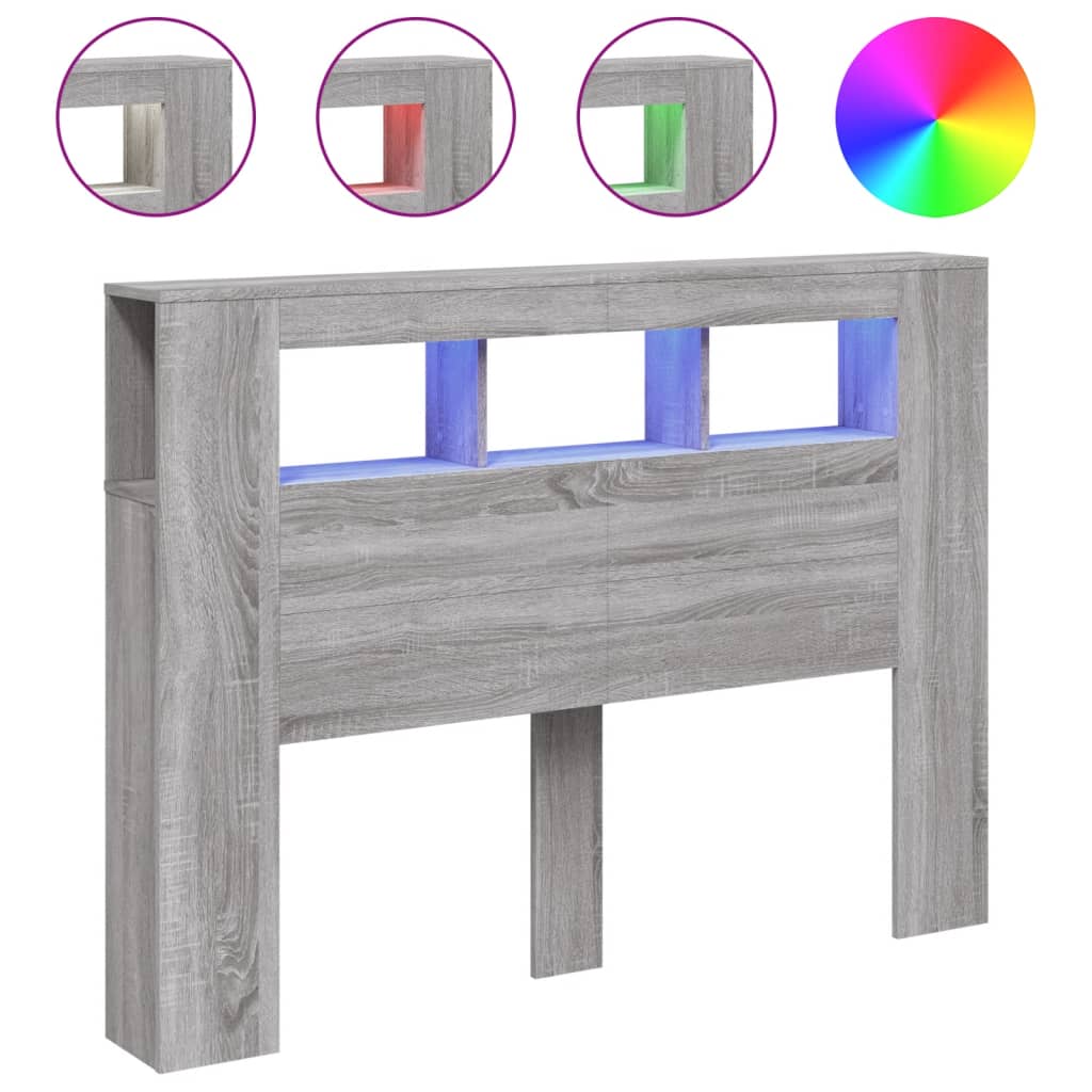 szürke sonoma szerelt fa LED-es fejtámla 140x18,5x103,5 cm