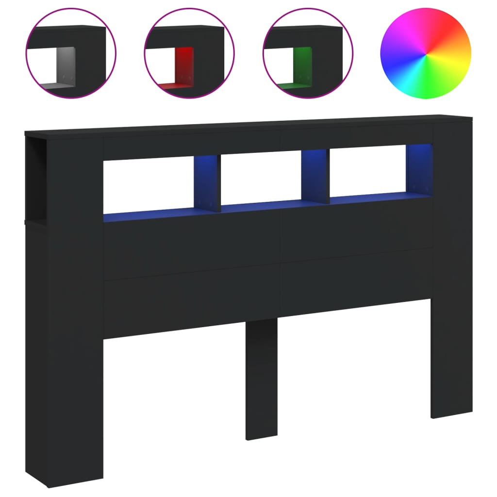 fekete szerelt fa LED-es fejtámla 160x18,5x103,5 cm