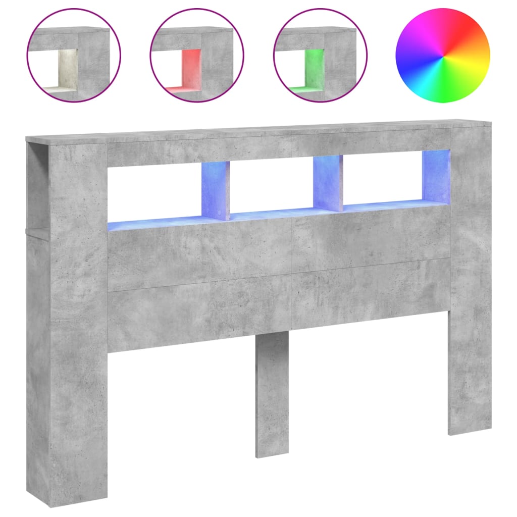 betonszürke szerelt fa LED-es fejtámla 160x18,5x103,5 cm
