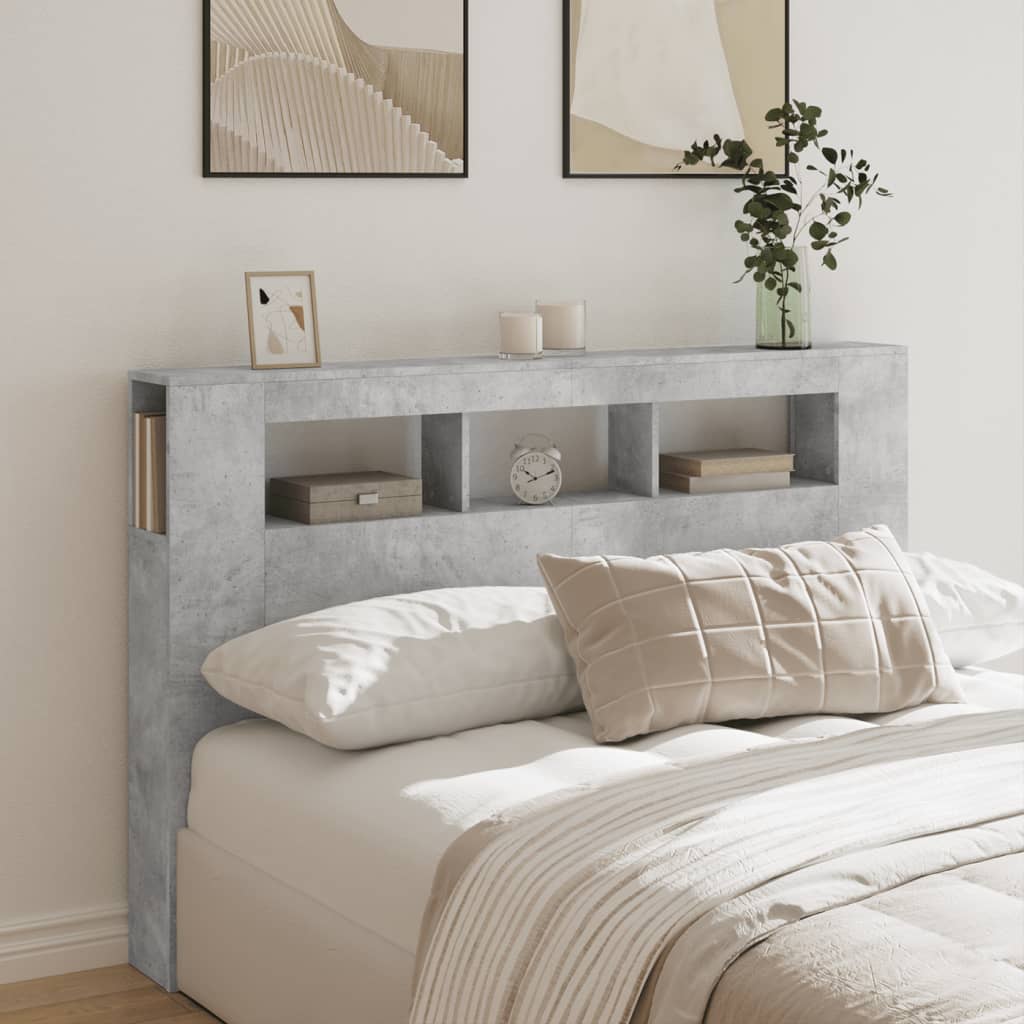 betonszürke szerelt fa LED-es fejtámla 160x18,5x103,5 cm