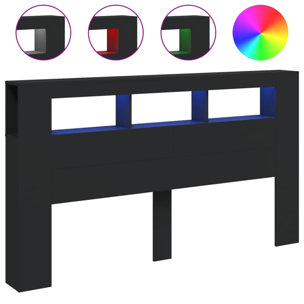 fekete szerelt fa LED-es fejtámla 180x18,5x103,5 cm