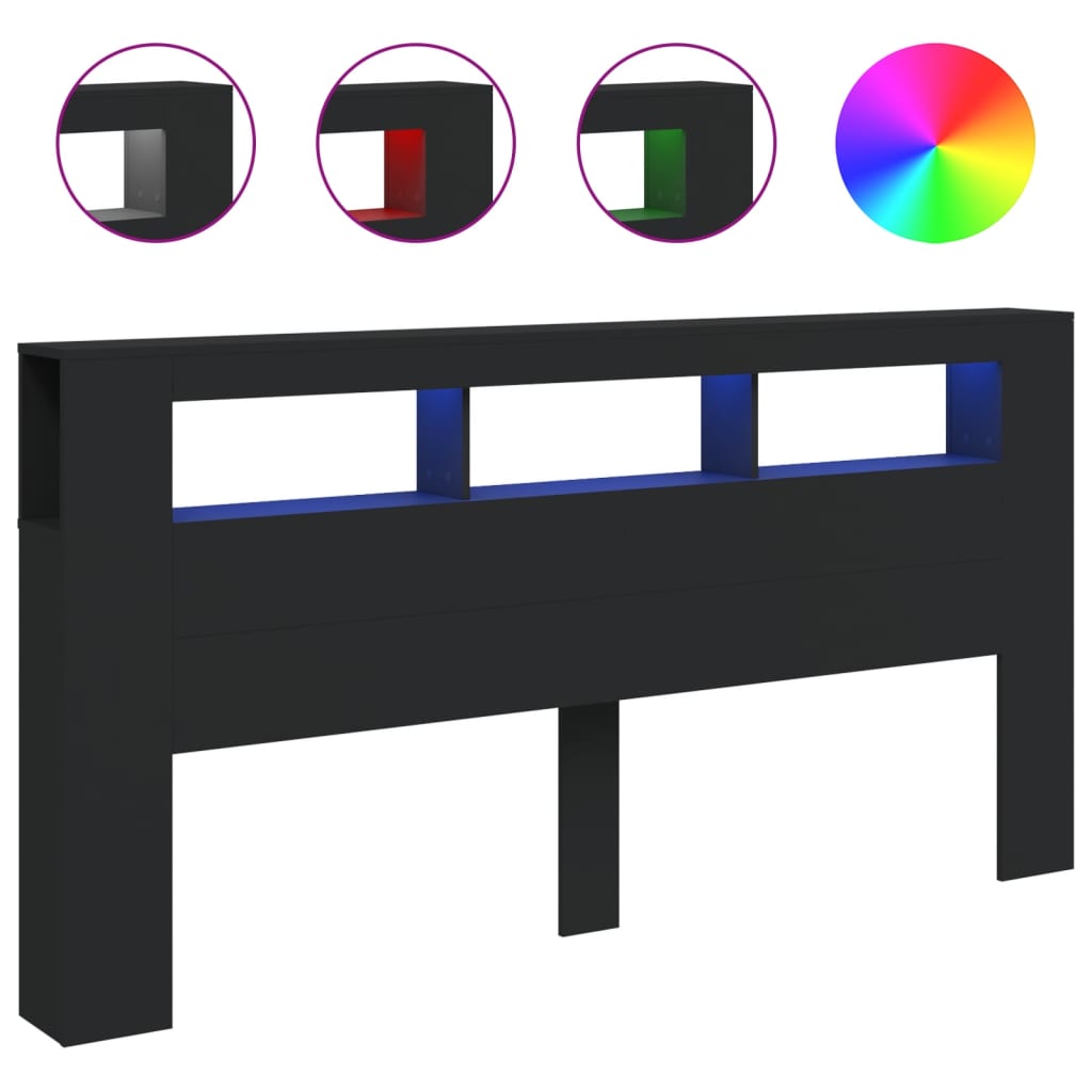 fekete szerelt fa LED-es fejtámla 200 x 18,5 x 103,5 cm
