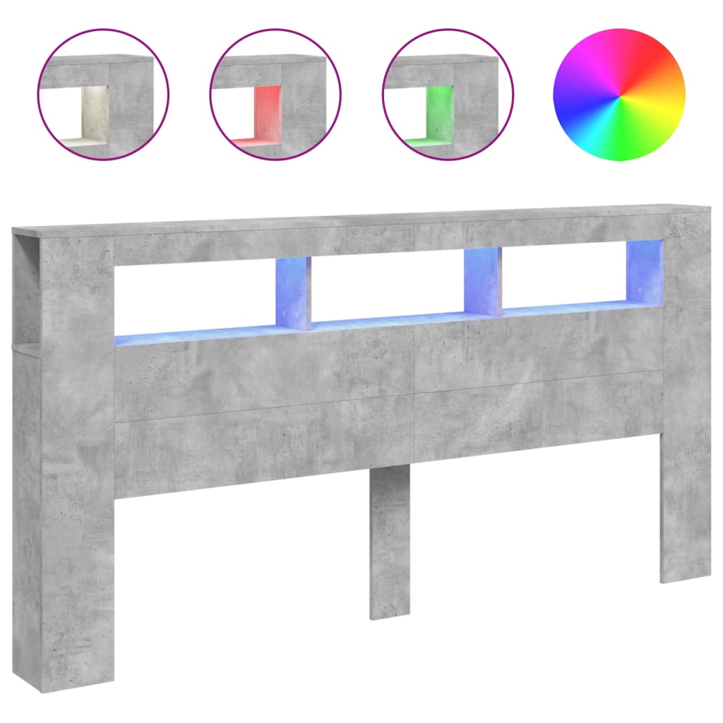 betonszürke szerelt fa LED-es fejtámla 200 x 18,5 x 103,5 cm