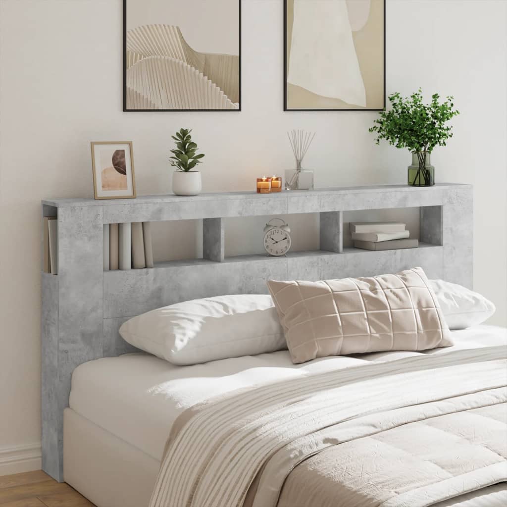 betonszürke szerelt fa LED-es fejtámla 200 x 18,5 x 103,5 cm