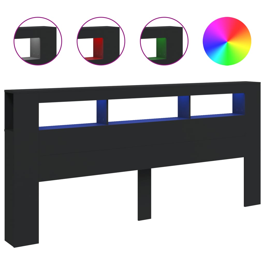 fekete szerelt fa LED-es fejtámla 220x18,5x103,5 cm