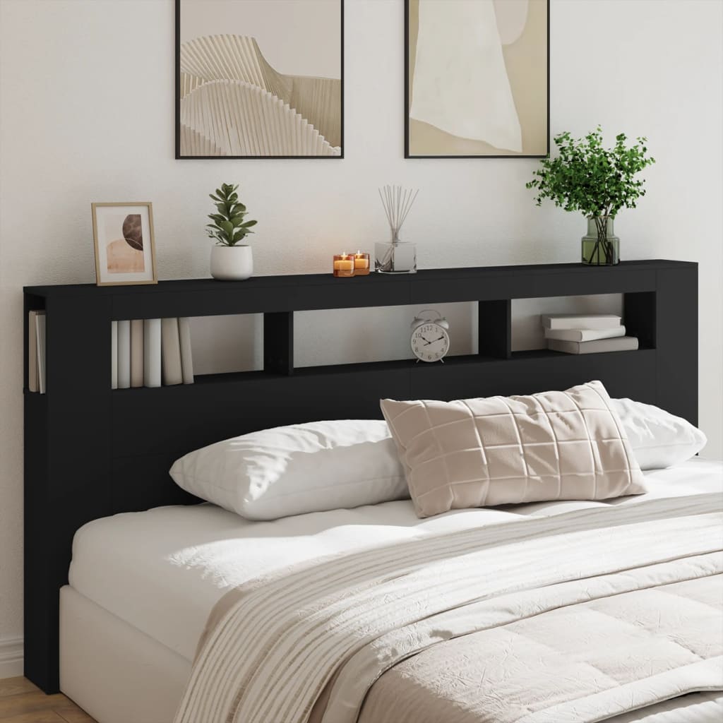 fekete szerelt fa LED-es fejtámla 220x18,5x103,5 cm