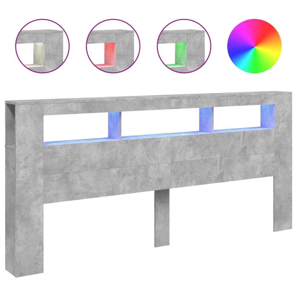 betonszürke szerelt fa LED-es fejtámla 220x18,5x103,5 cm
