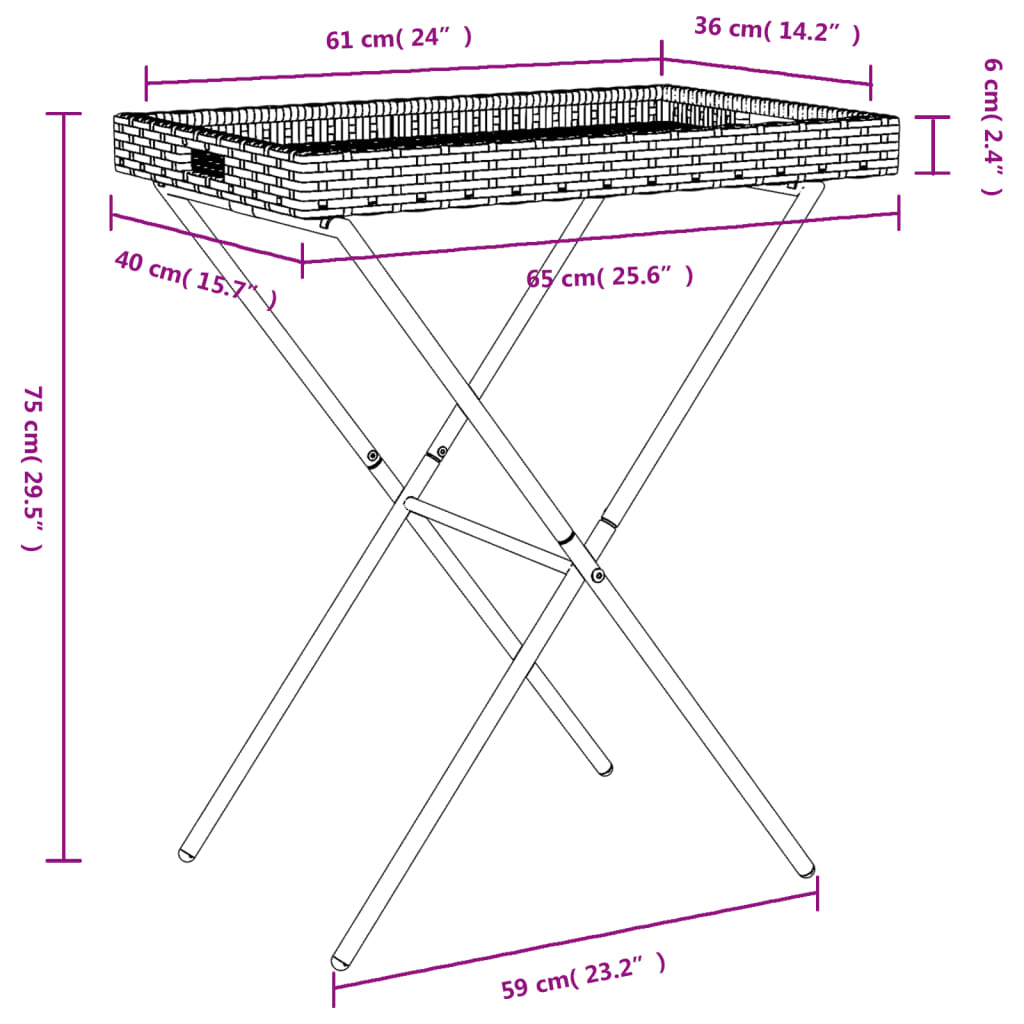 barna összecsukható polyrattan tálcaasztal 65 x 40 x 75 cm