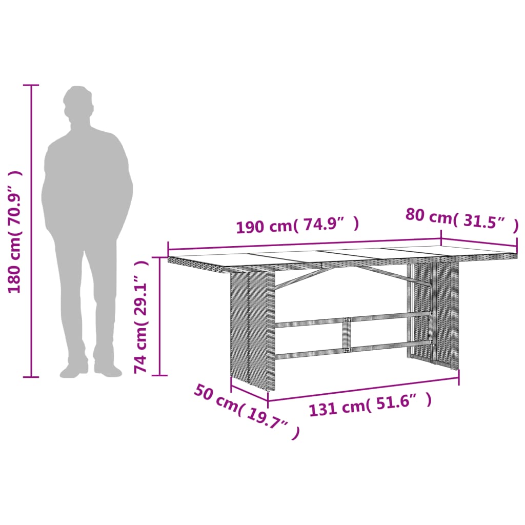 fekete polyrattan üveglapos kerti asztal 190x80x74 cm