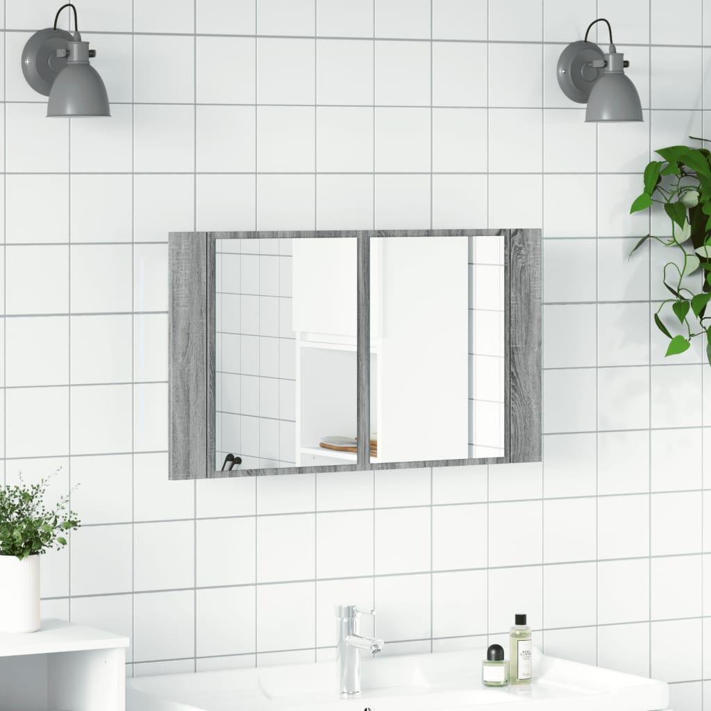 szürke sonoma akril LED-es tükrös fürdőszobaszekrény 80x12x45cm