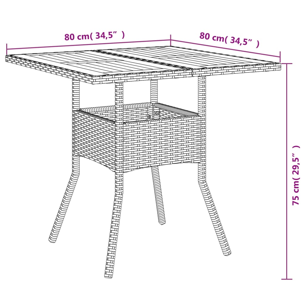 szürke polyrattan kerti asztal akácfa lappal 80 x 80 x 75 cm