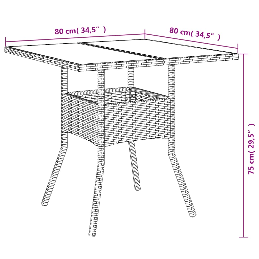 fekete polyrattan üveglapos kerti asztal 80 x 80 x 75 cm