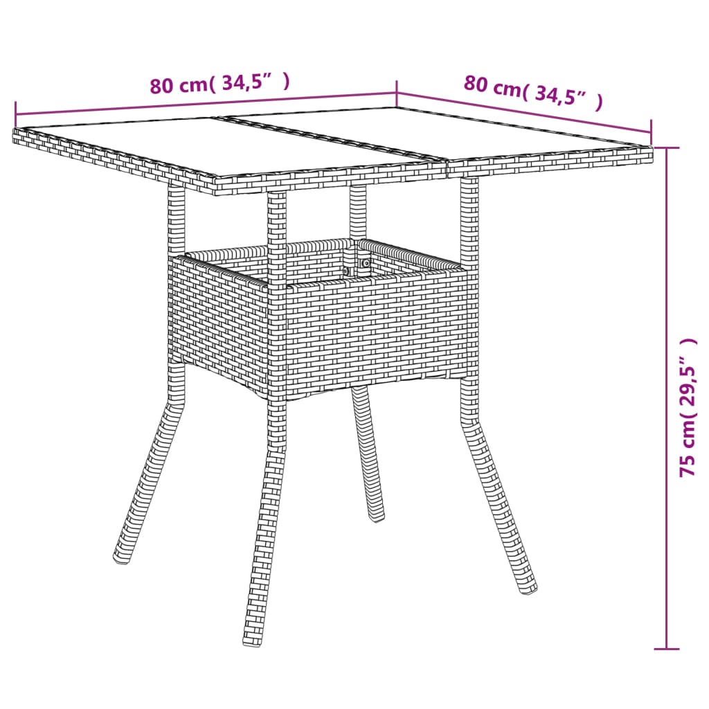 szürke polyrattan üveglapos kerti asztal 80 x 80 x 75 cm