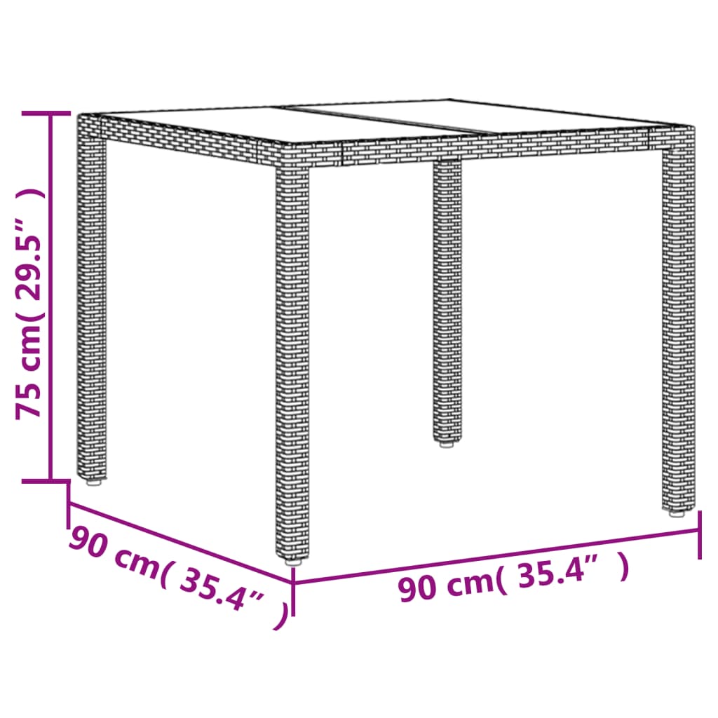 barna polyrattan üveglapos kerti asztal 90 x 90 x 75 cm