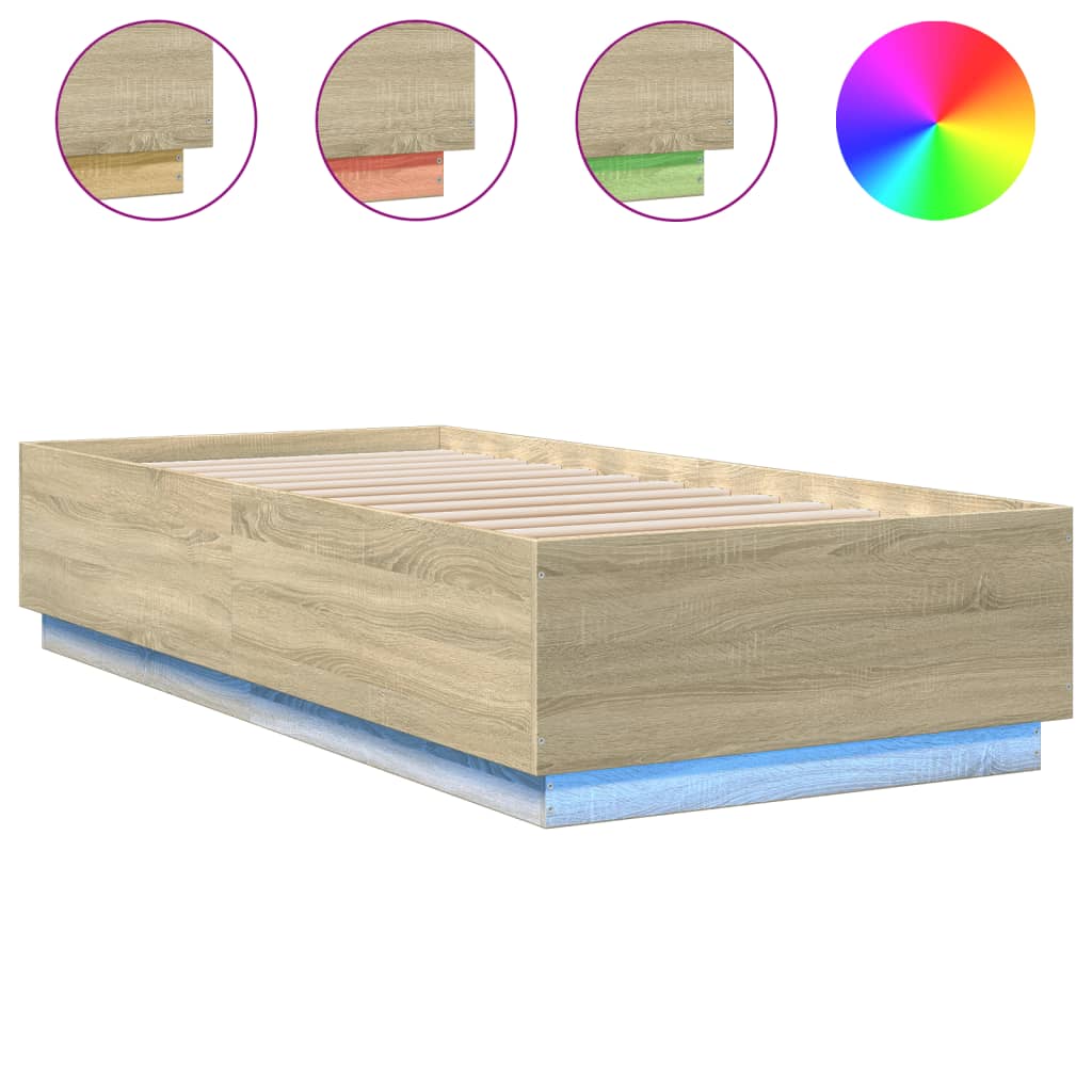 sonoma tölgyszínű szerelt fa ágykeret LED-del 90 x 200 cm