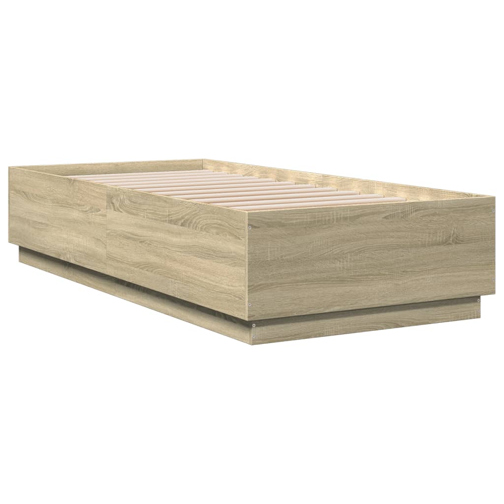 sonoma tölgyszínű szerelt fa ágykeret LED-del 90 x 200 cm