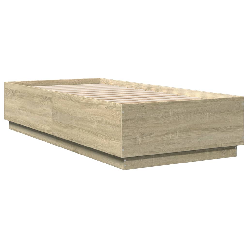 sonoma tölgyszínű szerelt fa ágykeret LED-del 90 x 200 cm