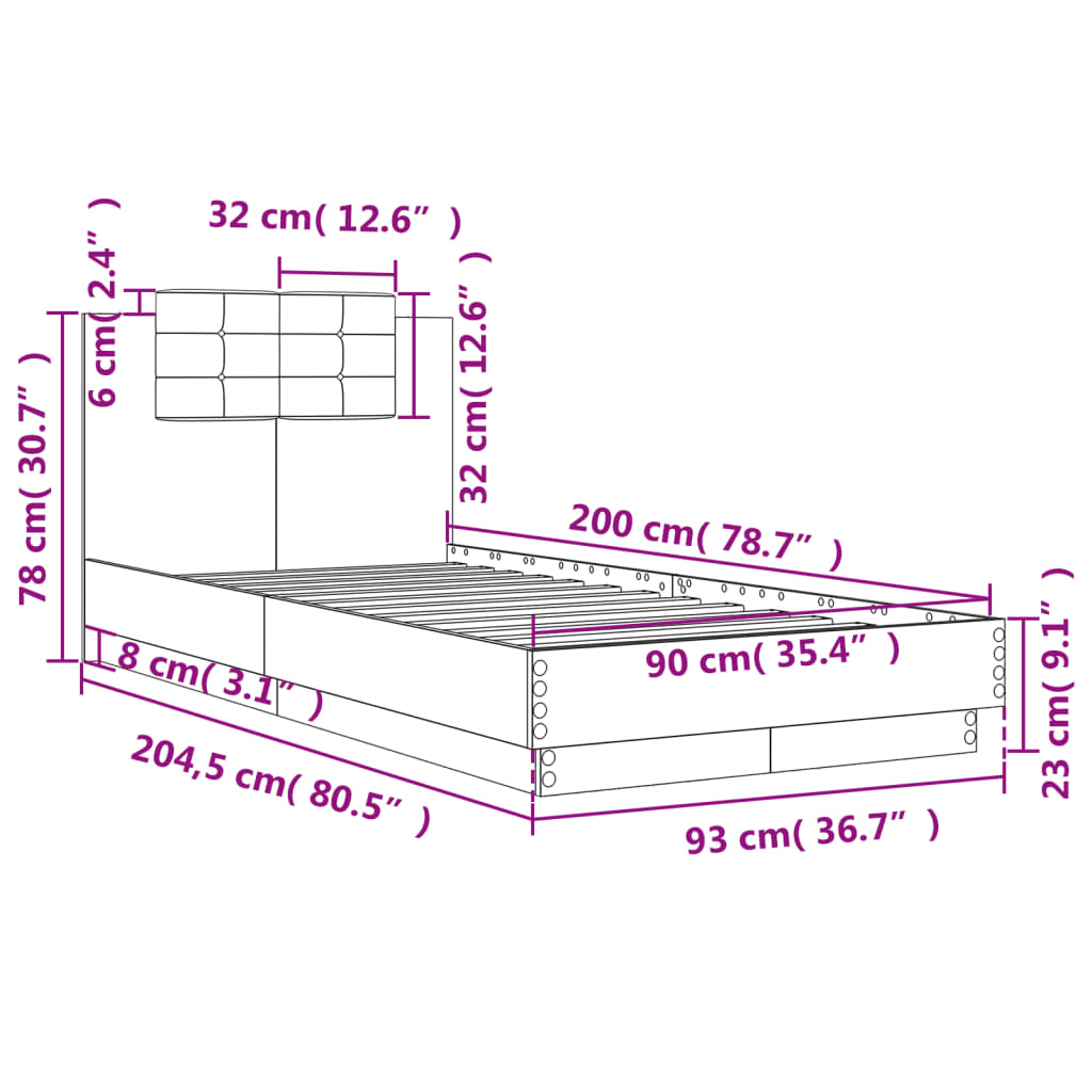 sonoma tölgy színű szerelt fa ágykeret fejtámlával 90 x 200 cm