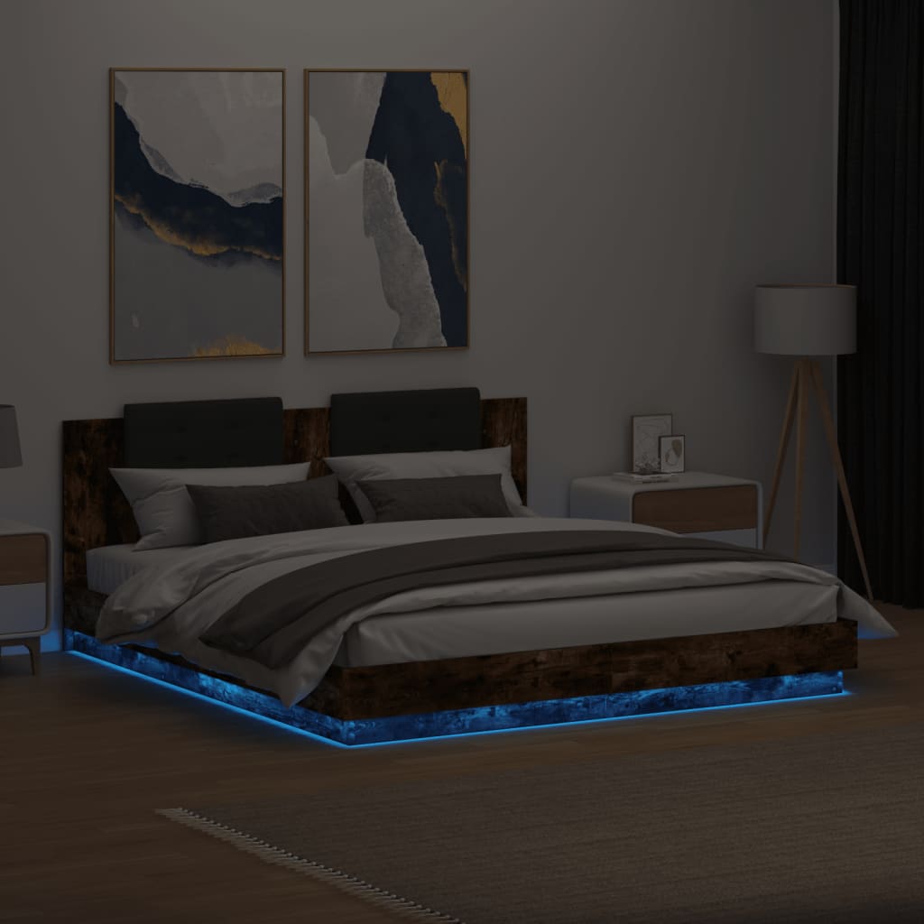 füstös tölgy színű ágykeret fejtámlával és LED-ekkel 180x200 cm