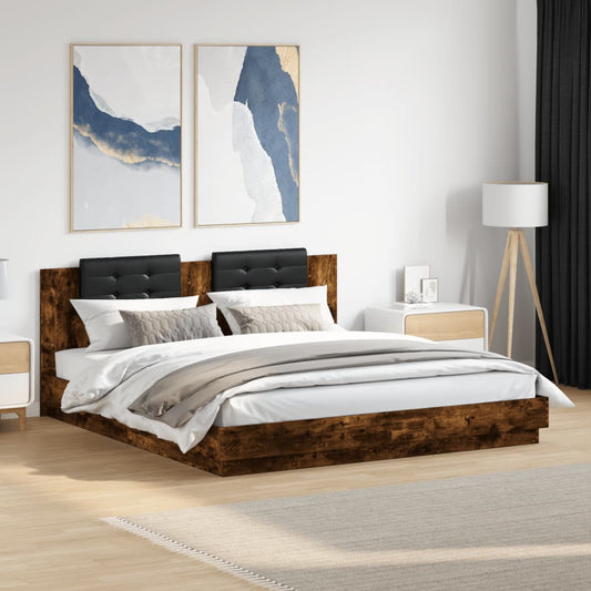 füstös tölgy színű ágykeret fejtámlával és LED-ekkel 180x200 cm