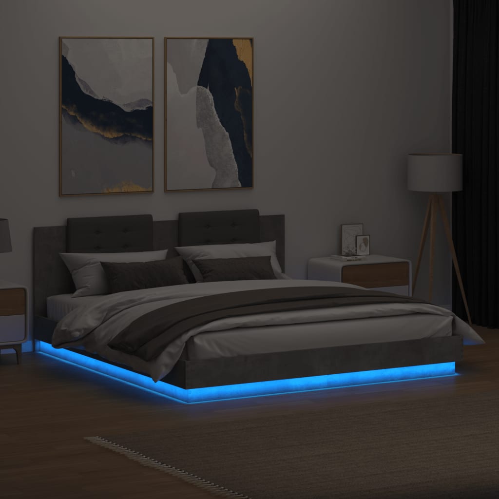 betonszürke ágykeret fejtámlával és LED-világítással 160x200 cm