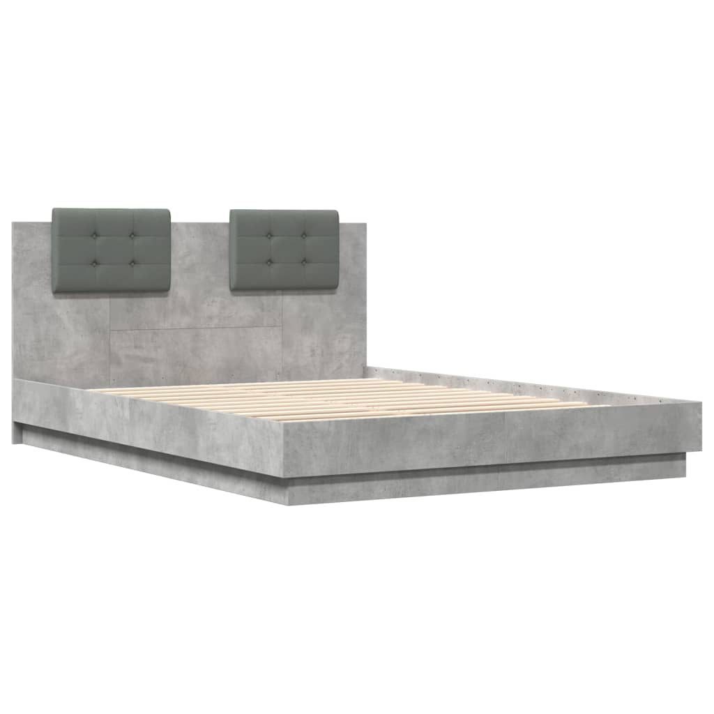 betonszürke ágykeret fejtámlával és LED-világítással 150x200 cm