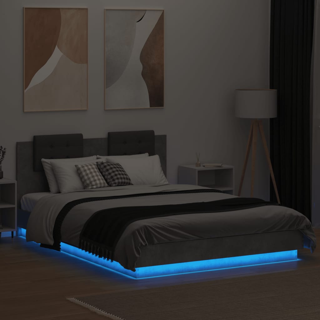 betonszürke ágykeret fejtámlával és LED-világítással 150x200 cm