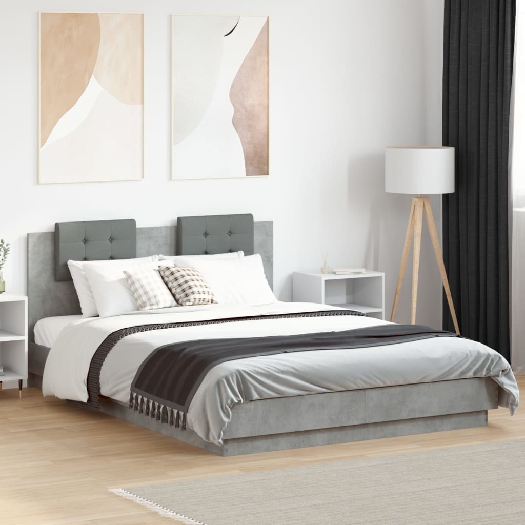 betonszürke ágykeret fejtámlával és LED-világítással 150x200 cm