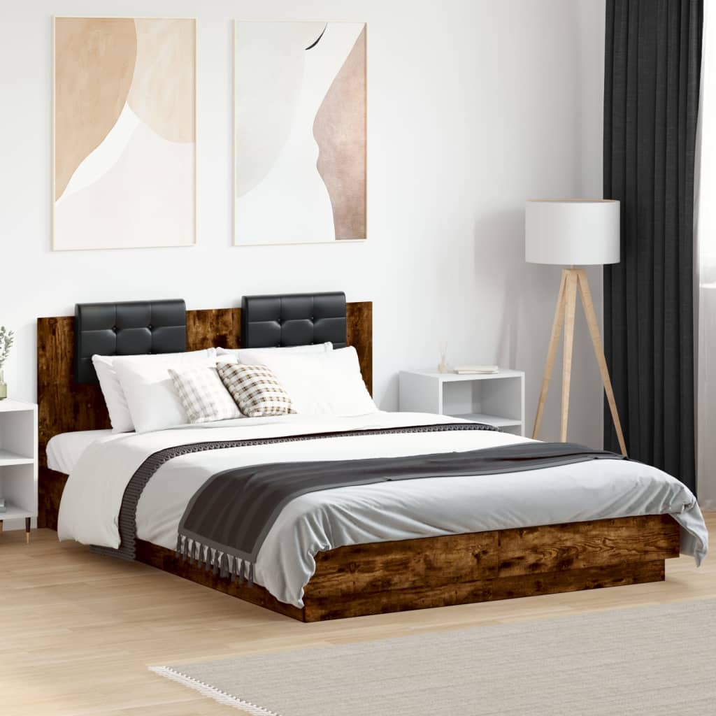 füstös tölgy színű ágykeret fejtámlával és LED-ekkel 150x200 cm